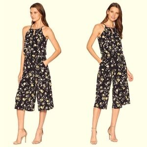 London times black white yellow floral sleeveless jumpsuit romper w/ pockets 16